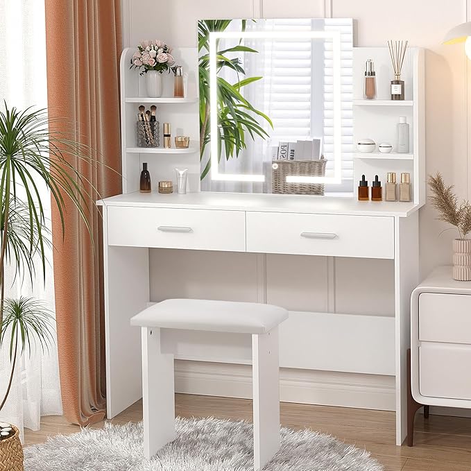 SMOOL Vanity Desk with Lighted Mirror - Makeup Vanity Table with 3 Color Light Options Adjustable Brightness, Vanity with 6 Storage Shelves, 2 Large Drawers, Vanity Set for Girls Women, White
