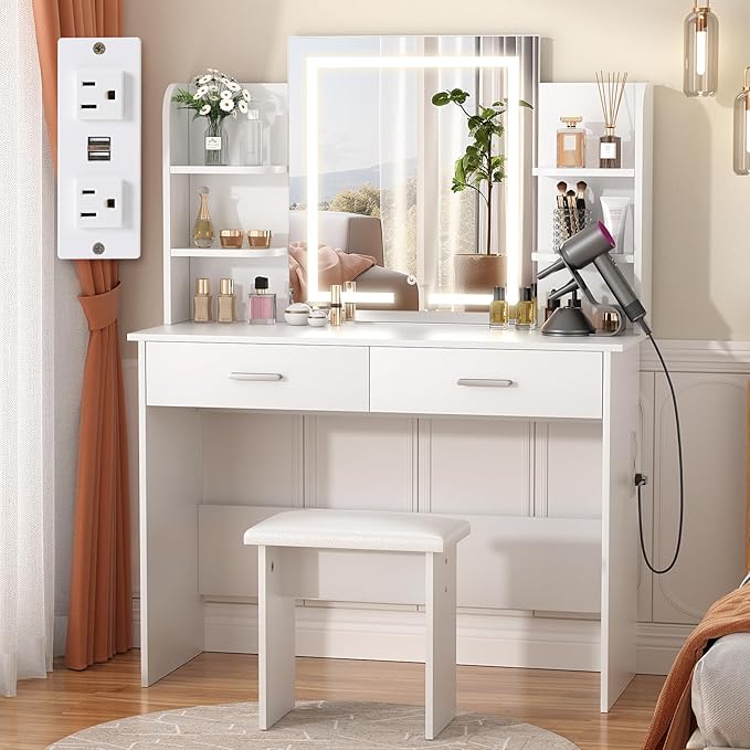SMOOL Vanity with Lighted Mirror, Makeup Desk with Power Outlet, 3 Color Light Options, Adjustable Brightness, Vanity Table with 6 Storage Shelves, 2 Large Drawers and Cushioned Stool, White
