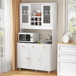 Traditional Freestanding Kitchen Pantry with 3 Drawers, Kitchen Storage Cabinet with Adjustable Shelves, White