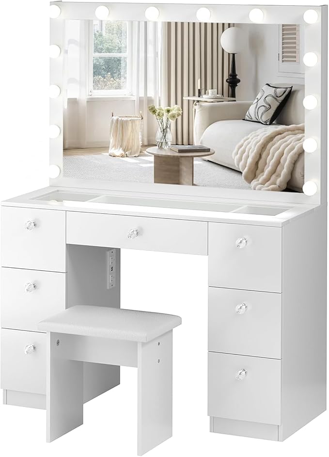 Vanity with Lighted Mirror - Makeup Vanity Desk with Power Outlet and 7 Drawers, 3 Color Lighting Modes Adjustable Brightness, 44" Vanity Table with Glass Top for Women Girls, White (White)